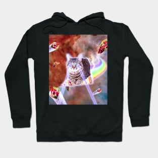 Laser Eyes Space Cat Riding Rainbow Pizza Hoodie